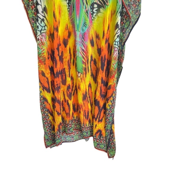 Vibrant Multicolor V-neck Kaftan Dress with rhinestones. One size. Sheer - Picture 4 of 10
